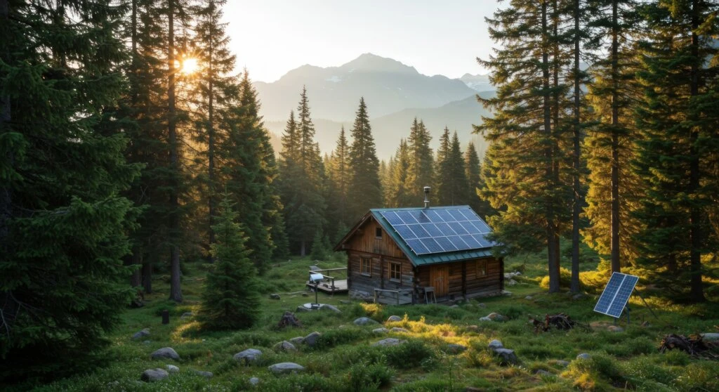cabin-in-forest-with-solar-panels-off-the-grid-living