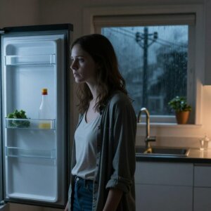 Long-Term-Food-Storage-a-woman-standing-alone-in-a-dimly-lit-kitchen-at-night-refrigerator-door-open