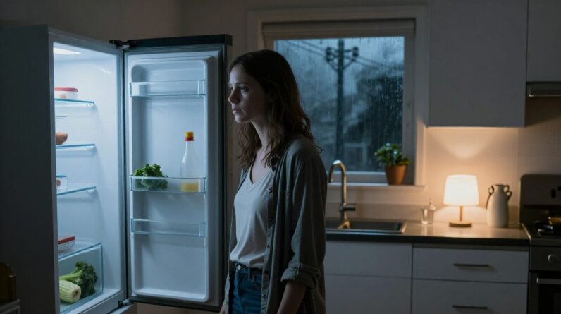 Long-Term-Food-Storage-a-woman-standing-alone-in-a-dimly-lit-kitchen-at-night-refrigerator-door-open
