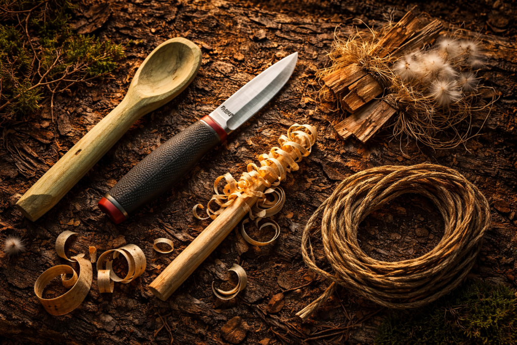 Bushcraft-tools-on-forest-floor