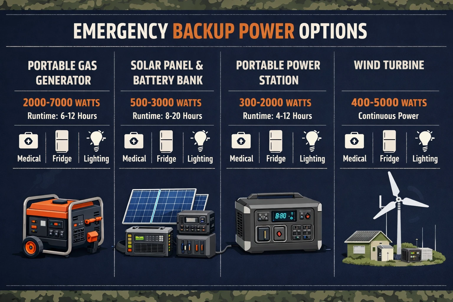 Detailed () infographic-style illustration showing a side-by-side comparison of four emergency backup power systems: