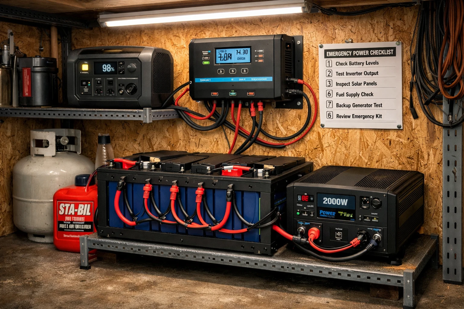 Detailed () photorealistic scene showing a prepper's garage power station setup: a large LiFePO4 battery bank connected to a
