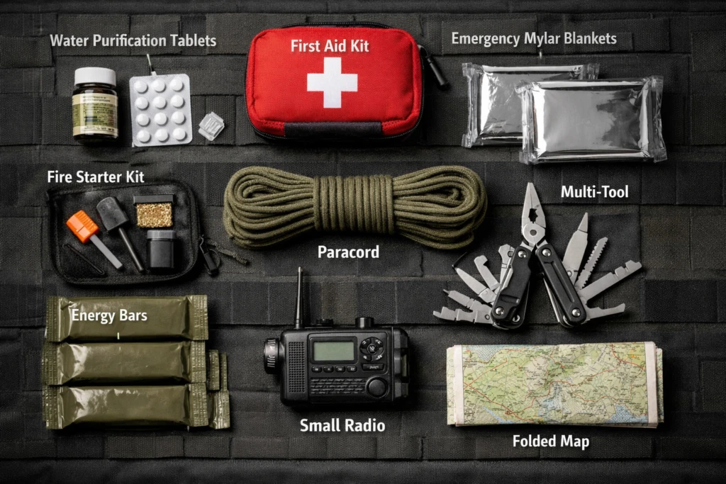 Detailed () showing an organized flat-lay overhead shot of essential bug out bag contents arranged systematically on a dark