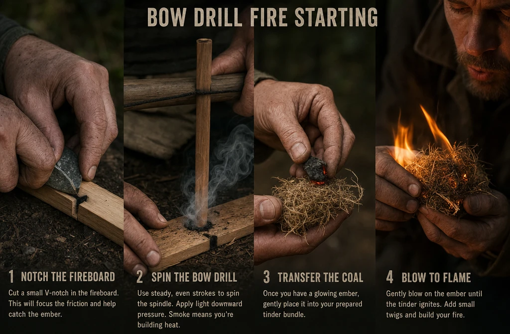 Detailed () close-up instructional image showing the step-by-step bow drill fire starting sequence: Start A Fire Without Matches