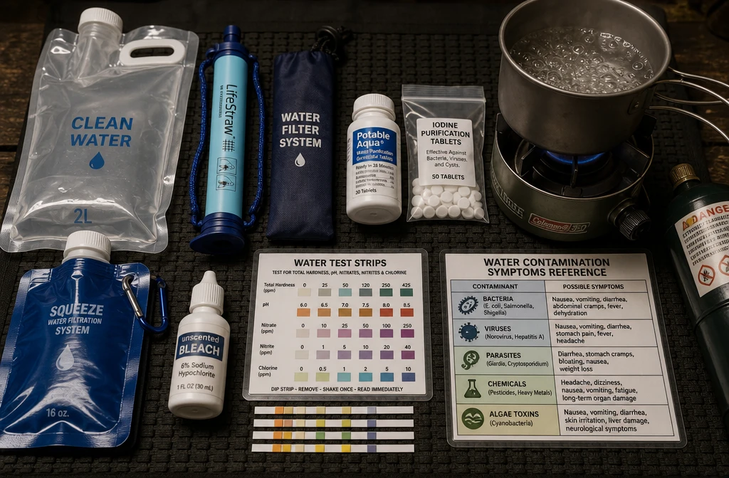 Detailed () close-up studio photograph of a prepper's emergency water safety kit laid out flat on a dark tactical mat: