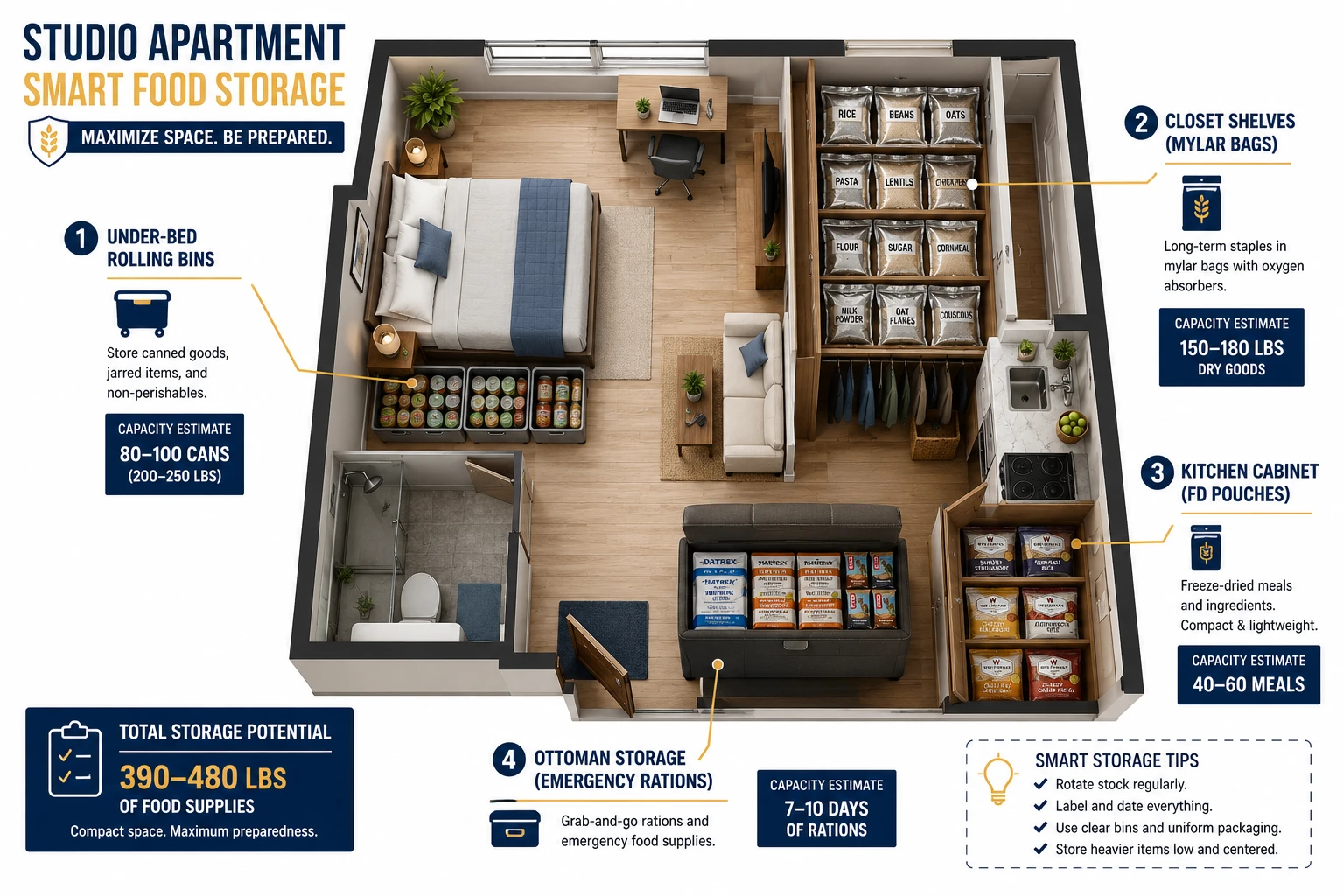 Detailed () editorial illustration showing a cross-section floor plan view of a small studio apartment with color-coded