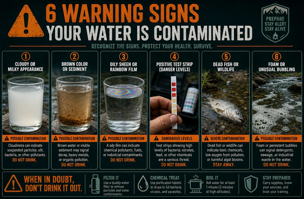 Detailed () editorial illustration showing a side-by-side comparison panel of six water contamination warning signs: a glass