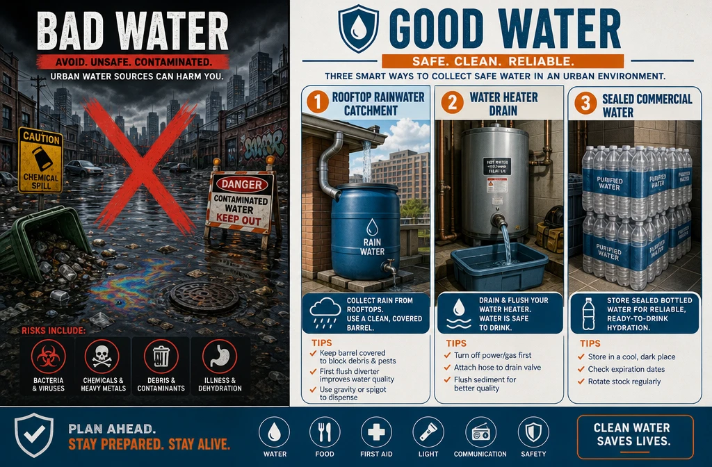Detailed () editorial illustration showing a split-scene comparison: left side depicts a contaminated urban water source