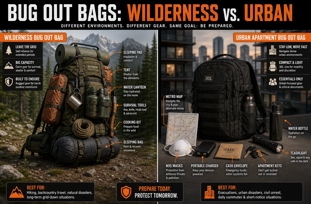 Detailed () editorial illustration showing side-by-side comparison of a wilderness bug out bag versus an urban apartment bug