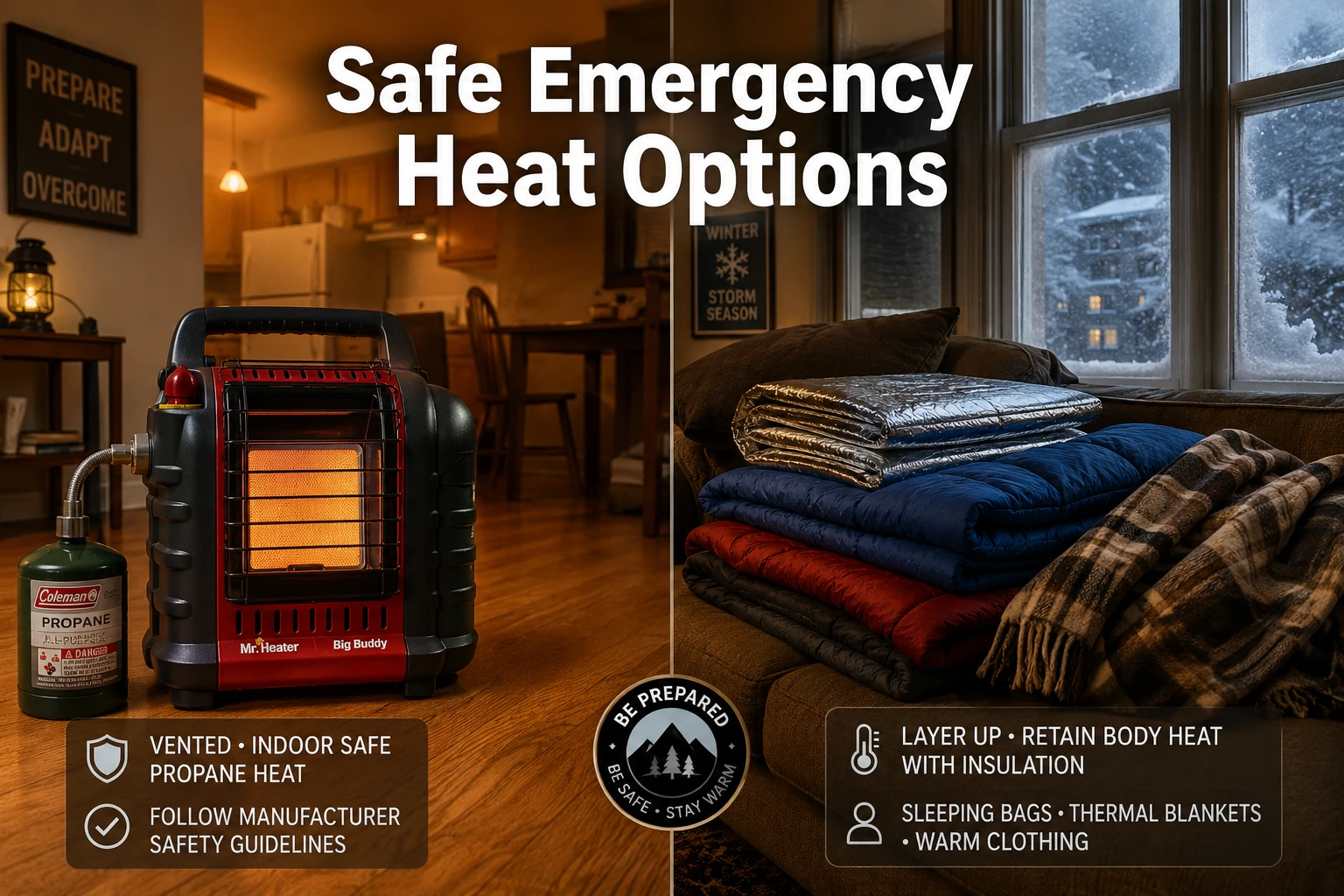 Detailed () editorial image showing a split-scene comparison of safe indoor emergency heating options for apartments: left