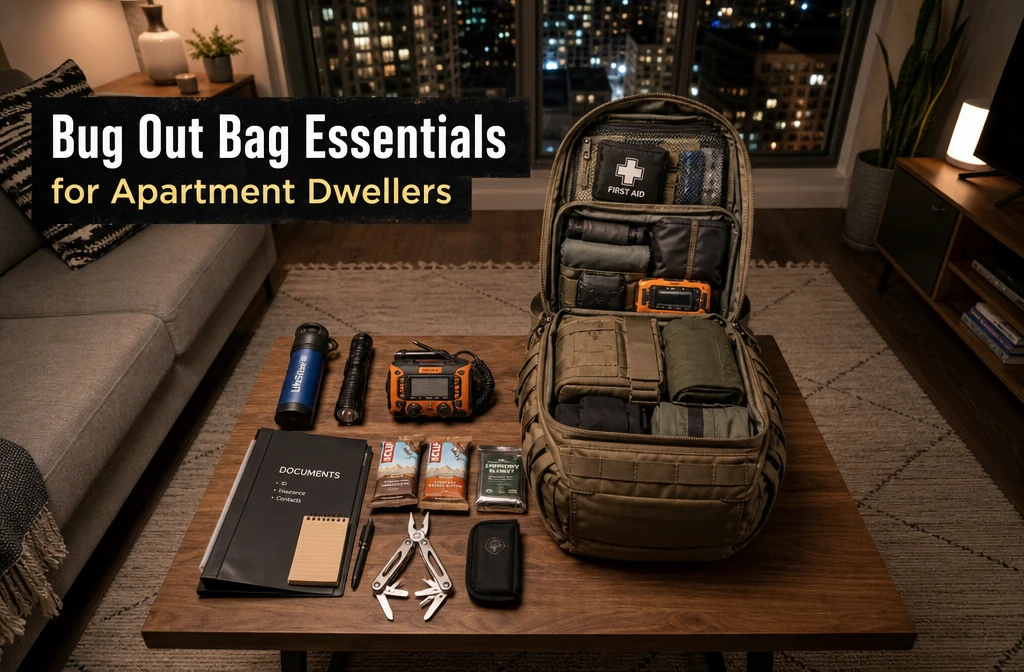 Detailed () editorial image showing a well-organized apartment living room with a tactical bug out bag open on a coffee