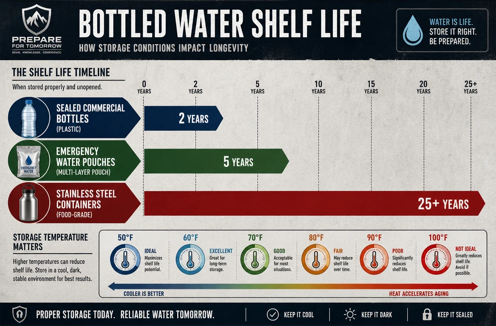 Detailed () editorial infographic showing a timeline comparison of bottled water shelf life under different storage