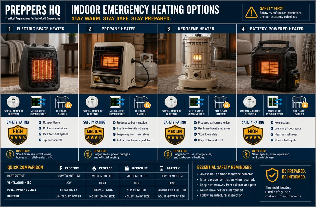 Detailed () editorial infographic-style image showing a side-by-side comparison of four indoor emergency heating options:
