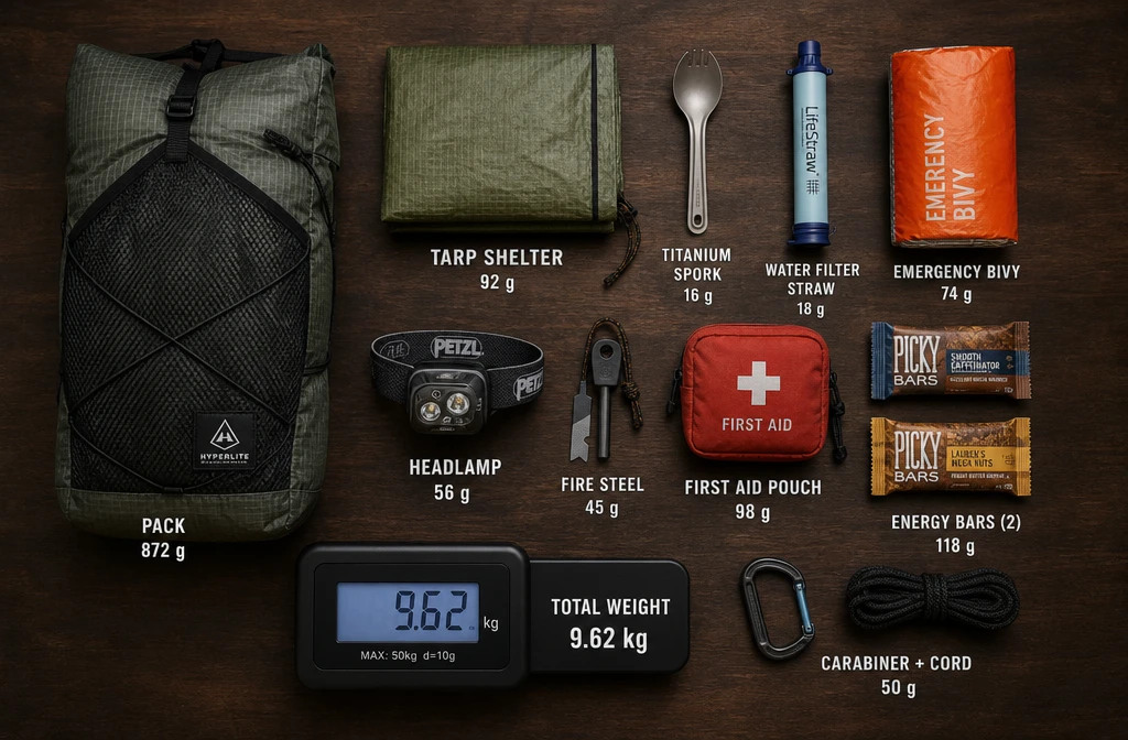 Detailed () flat-lay overhead photo of ultralight bug out bag gear spread on a wooden surface: sub-100g tarp shelter,