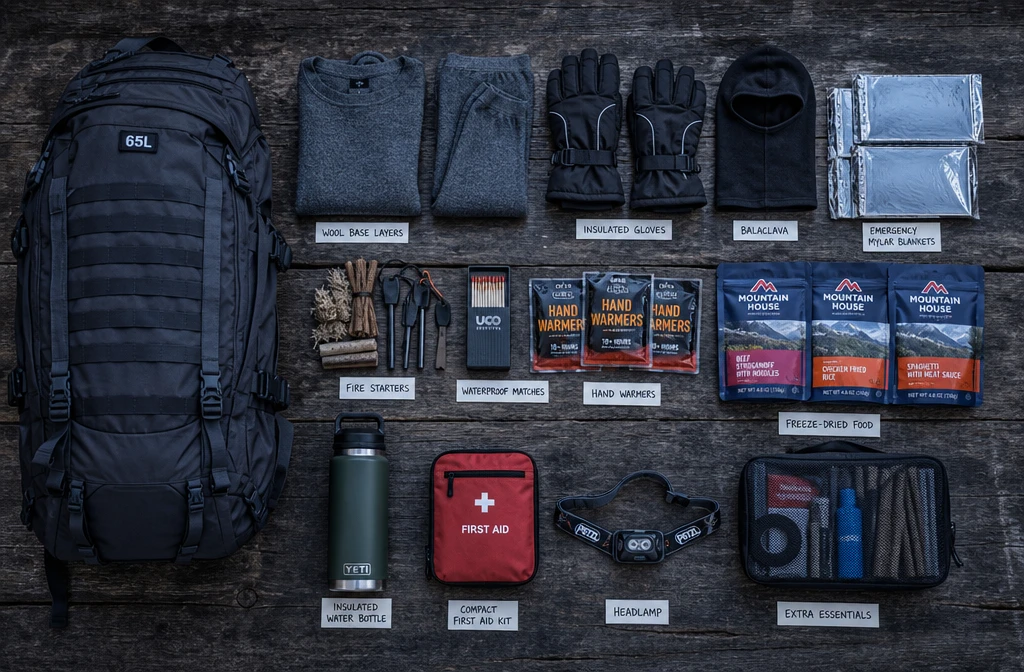 Detailed () flat-lay photograph shot from directly above on a dark weathered wooden surface showing a complete winter bug