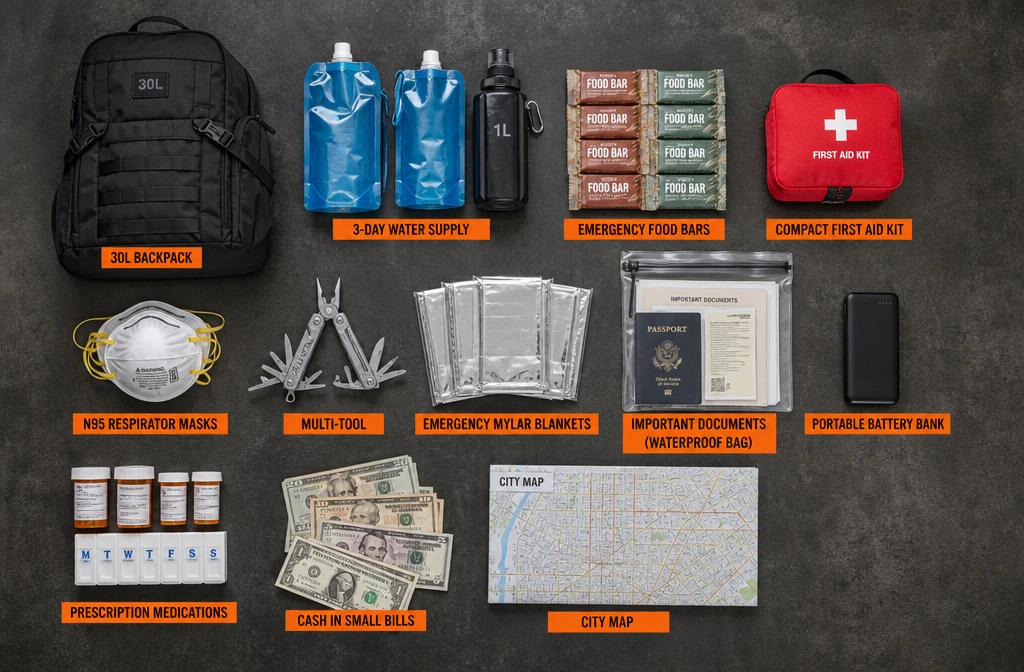 Detailed () flat-lay photograph shot from directly above showing all essential bug out bag items for apartment dwellers