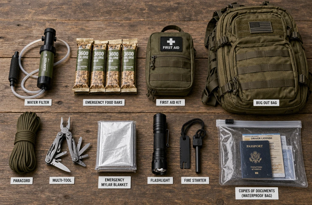 Detailed () flat-lay photography style image showing the contents of a bug out bag spread across a wooden table: water