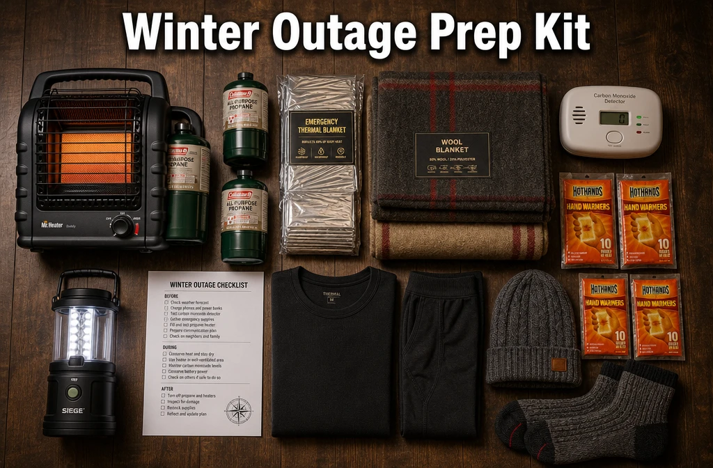Detailed () flat-lay product photo of a complete winter power outage preparedness kit laid out on a dark wooden floor: