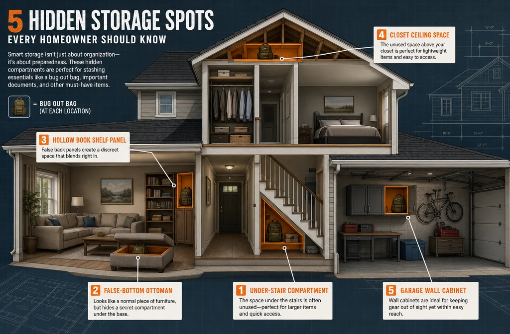 Detailed () illustration showing a cross-section cutaway diagram of a typical home floor plan with labeled hidden storage