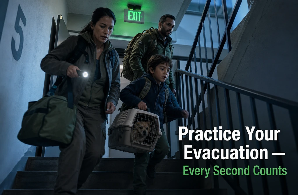 Detailed () image showing a diverse family of four (two adults, one child, one pet dog in a carrier) moving quickly down an