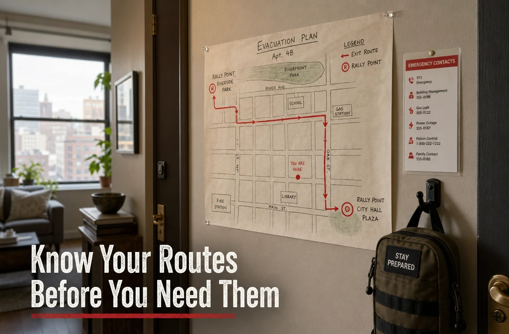 Detailed () image showing a hand-drawn evacuation route map pinned to an apartment wall beside a door, with red marked exit