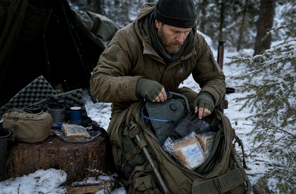 Detailed () image showing an experienced survivalist packing a winter bug out bag at a snowy campsite, wearing layered