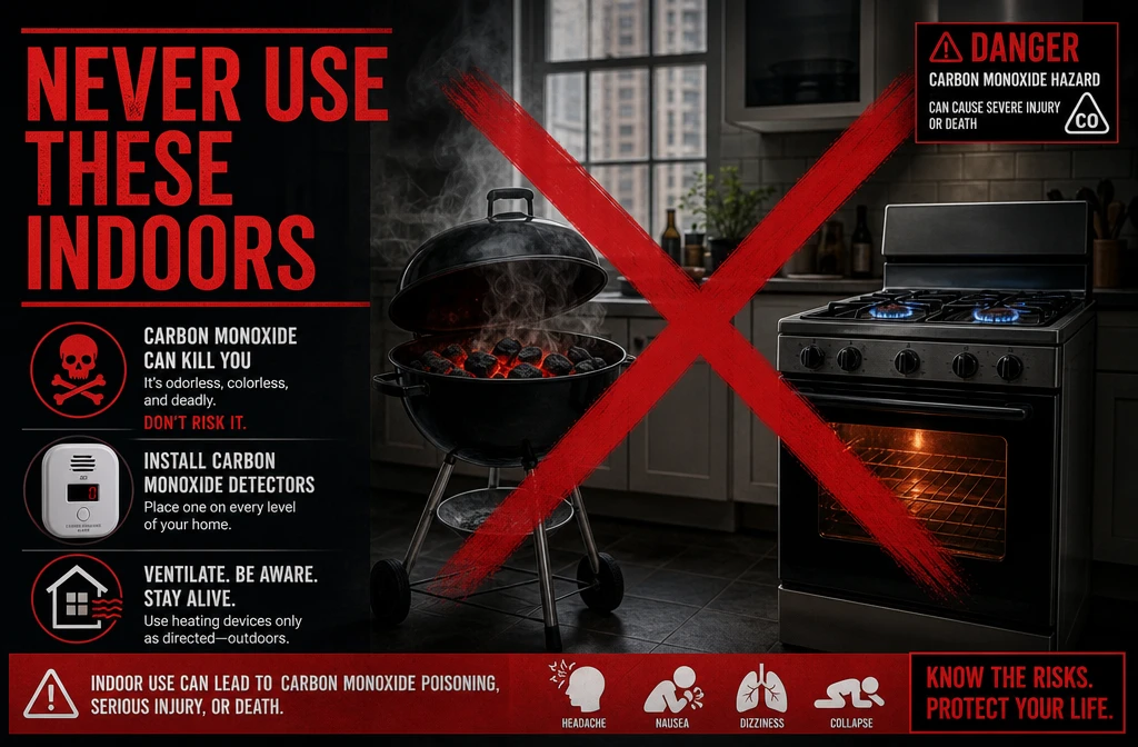 Detailed () infographic-style editorial image showing a danger warning visual for apartment heating mistakes — center focus