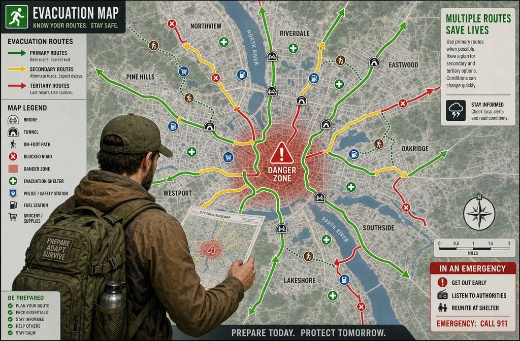 Detailed () infographic-style illustration showing a city street map with multiple color-coded evacuation route lines