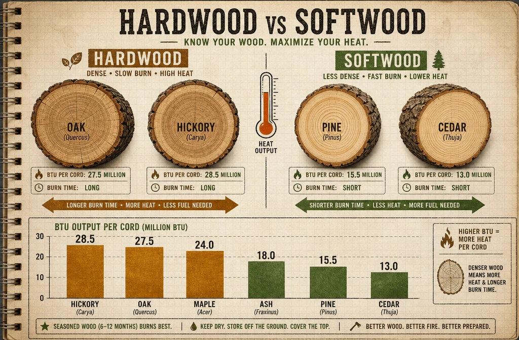 Detailed () infographic-style illustration showing a cross-section comparison of hardwood vs softwood logs side by side —Survival Firewood Calculation