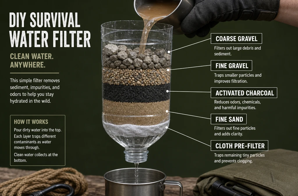 Detailed () instructional diagram-style image showing an exploded cross-section view of a DIY survival water filter built