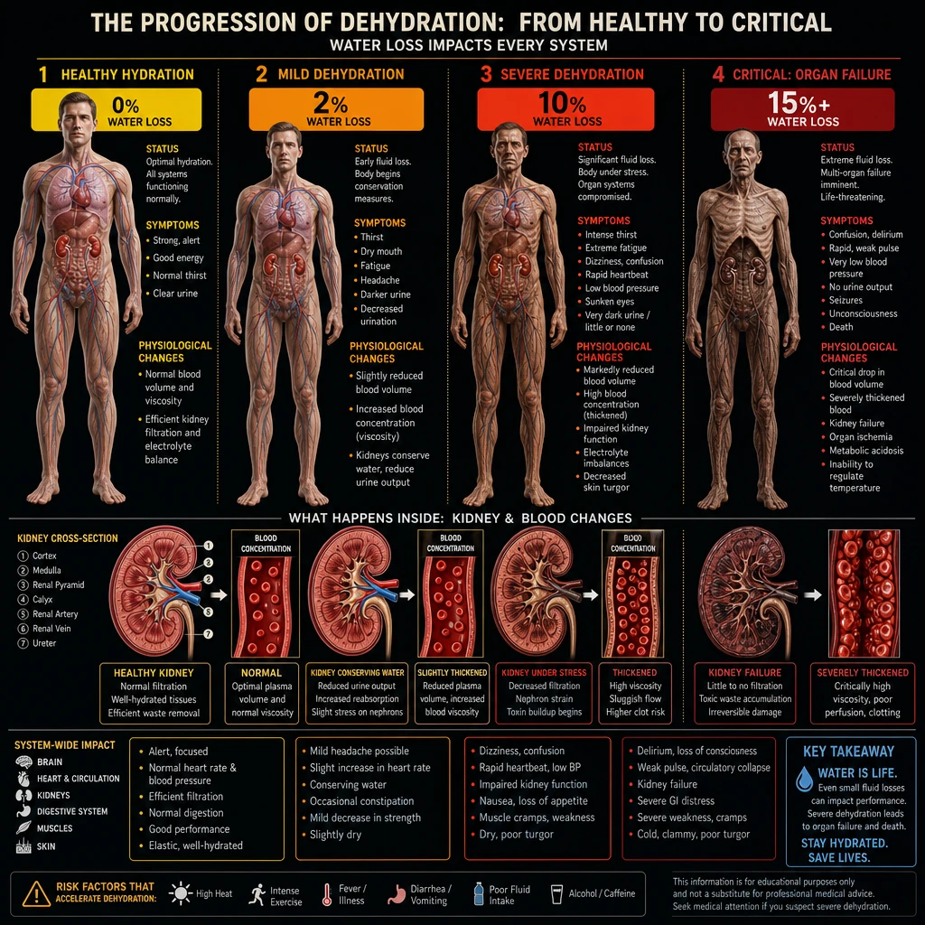 Detailed () medical illustration showing the human body in four progressive stages of dehydration — from healthy hydration