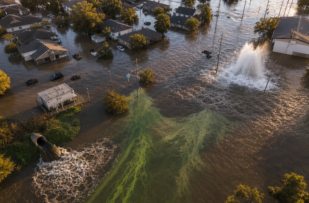 Detailed () overhead bird's-eye view photograph of a flooded neighborhood showing brown contaminated floodwater covering