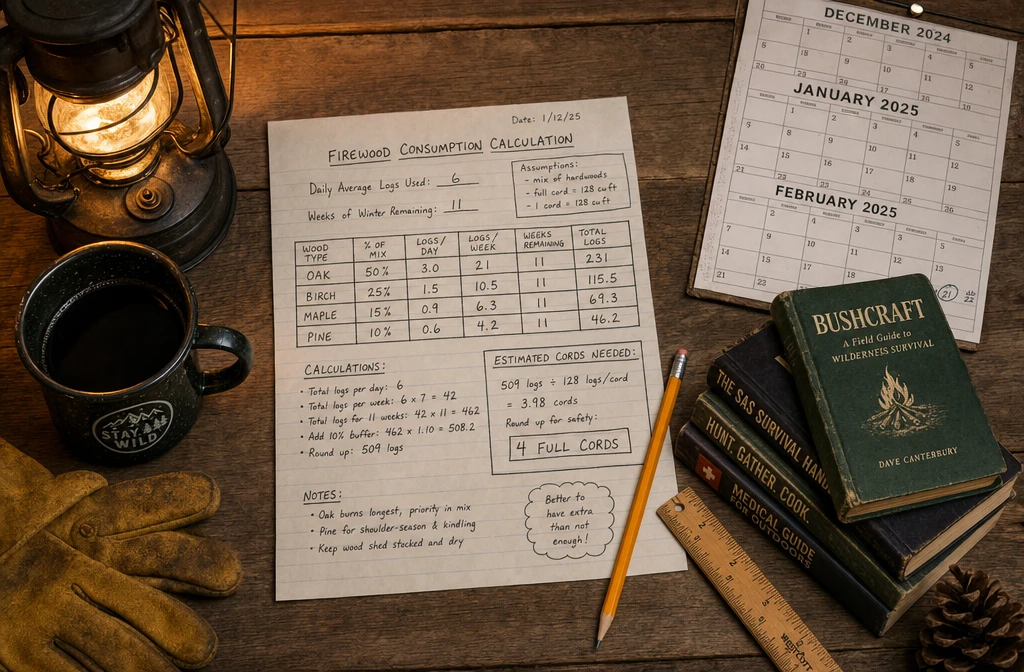 Detailed () overhead flat-lay photograph of a survivalist's planning workspace: a weathered wooden table with a handwritten