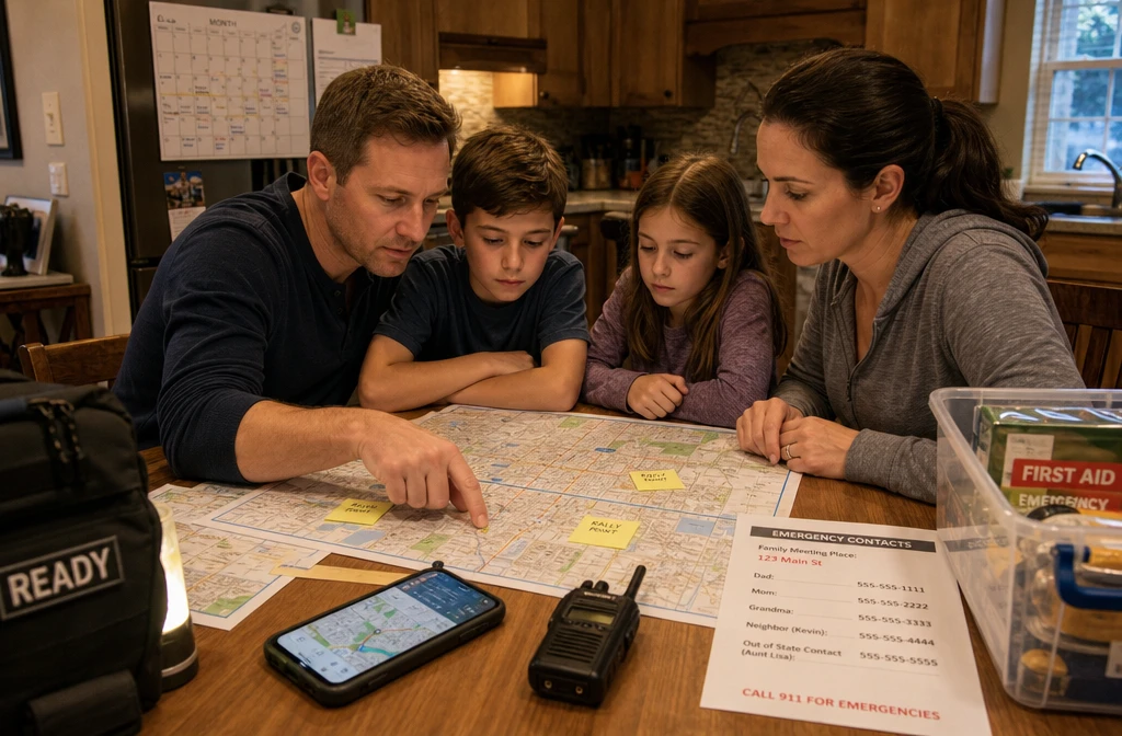 Detailed () showing a family of four gathered around a kitchen table with a large printed city evacuation map, sticky notes