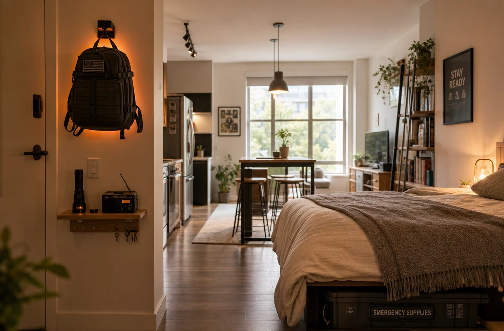 Detailed () showing a small urban apartment interior with smart storage solutions for emergency preparedness. A compact 30L