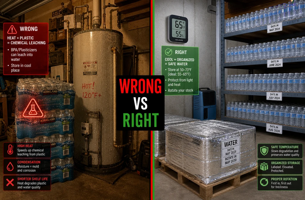 Detailed () showing a split-scene comparison image: left side shows a garage with improperly stored water bottles near a hot