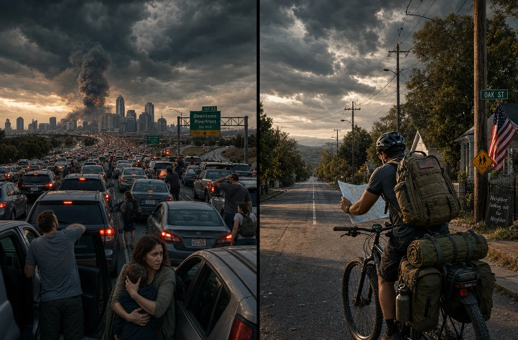 Detailed () showing a split-scene comparison: left side depicts a massive traffic gridlock on a highway leaving a city