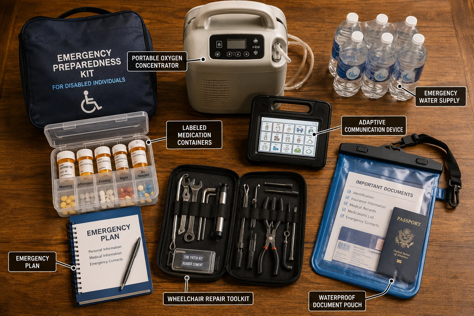 Detailed () showing an organized emergency preparedness kit specifically designed for disabled individuals — featuring