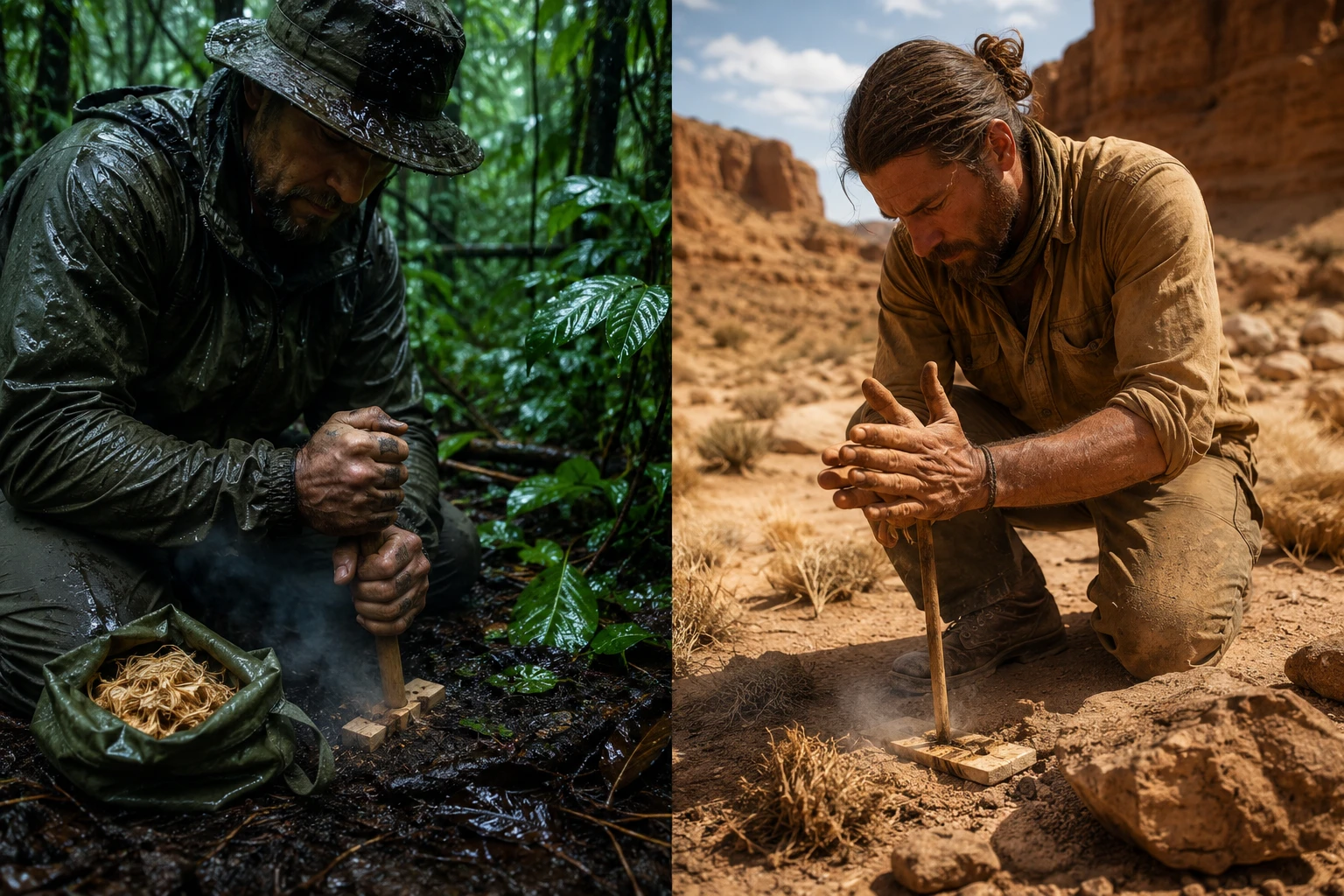 Detailed () split-panel comparison image showing two contrasting environments side by side: left panel depicts a dense wet