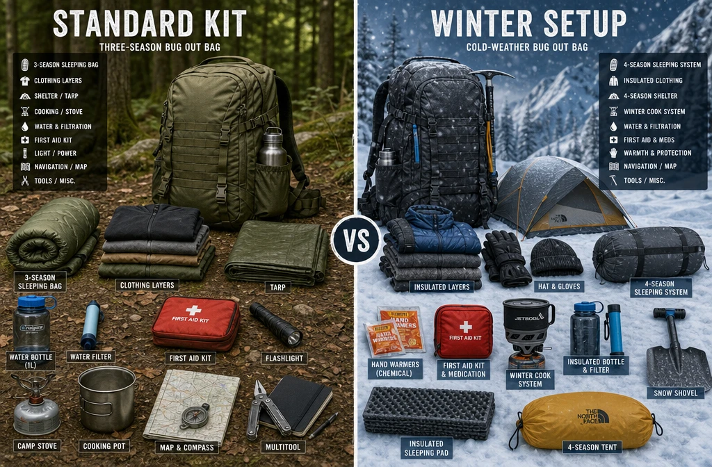 Detailed () split-scene comparison image: left half shows a standard three-season bug out bag with basic gear in mild green