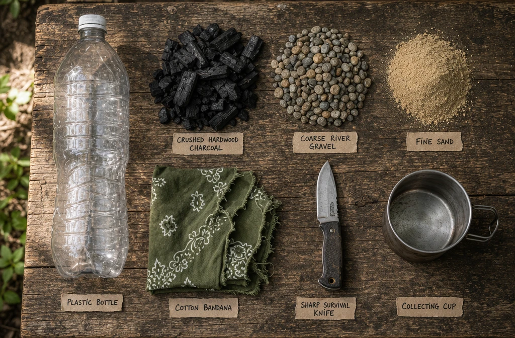 Dramatic overhead flat-lay photograph on a weathered wooden surface showing all raw materials needed for an improvised