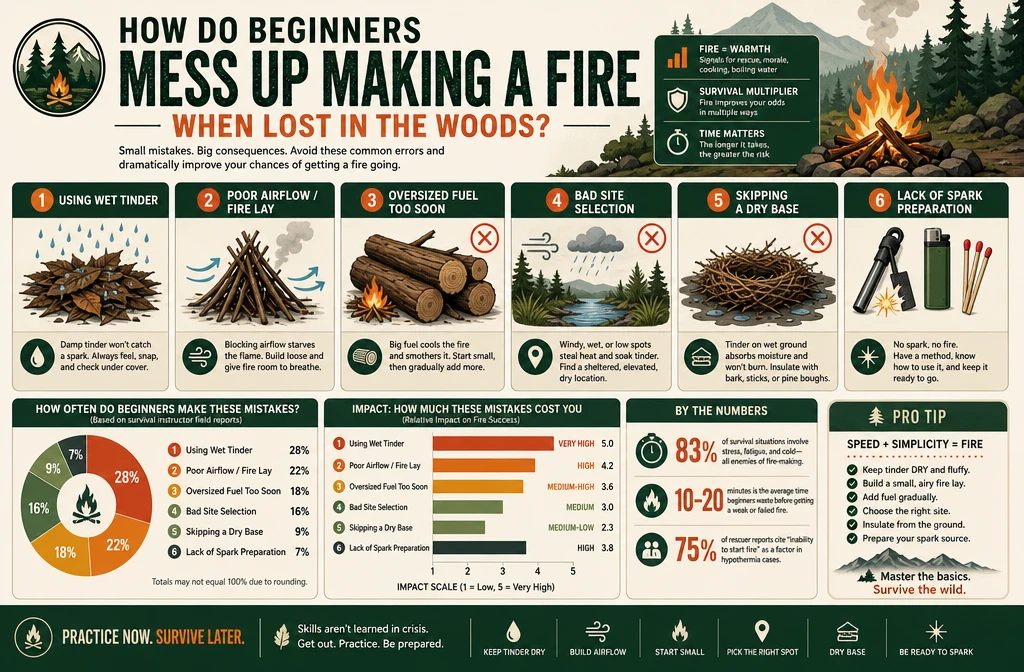Professional infographic for article "Fire Starting Mistakes in Survival Situations: What's Really Killing Your Flame",