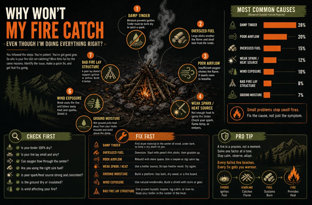 Professional infographic for article "Fire Starting Mistakes in Survival Situations: What's Really Killing Your Flame",