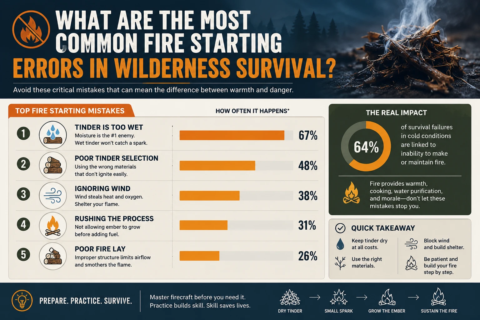 Professional infographic for article "Fire Starting Mistakes in Survival Situations: What's Really Killing Your Flame",