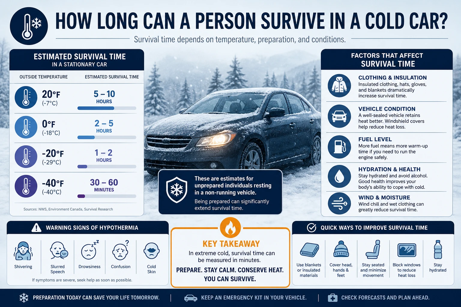 Professional infographic for article "How to Keep Warm in a Car During a Winter Emergency: The Complete Survival Guide",