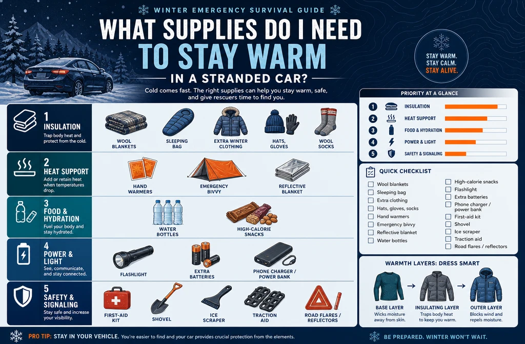 Professional infographic for article "How to Keep Warm in Cold Car Emergencies – Winter Survival Guide ",