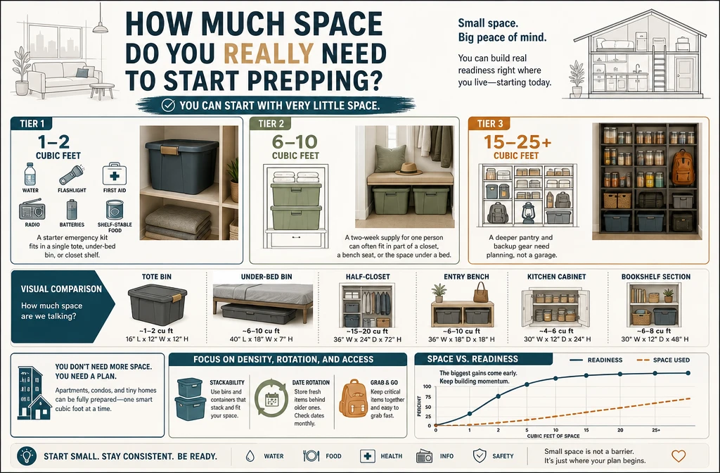 Professional infographic for article "Survival Prepping in Small Spaces Guide: How to Build Real Readiness in Any Apartment