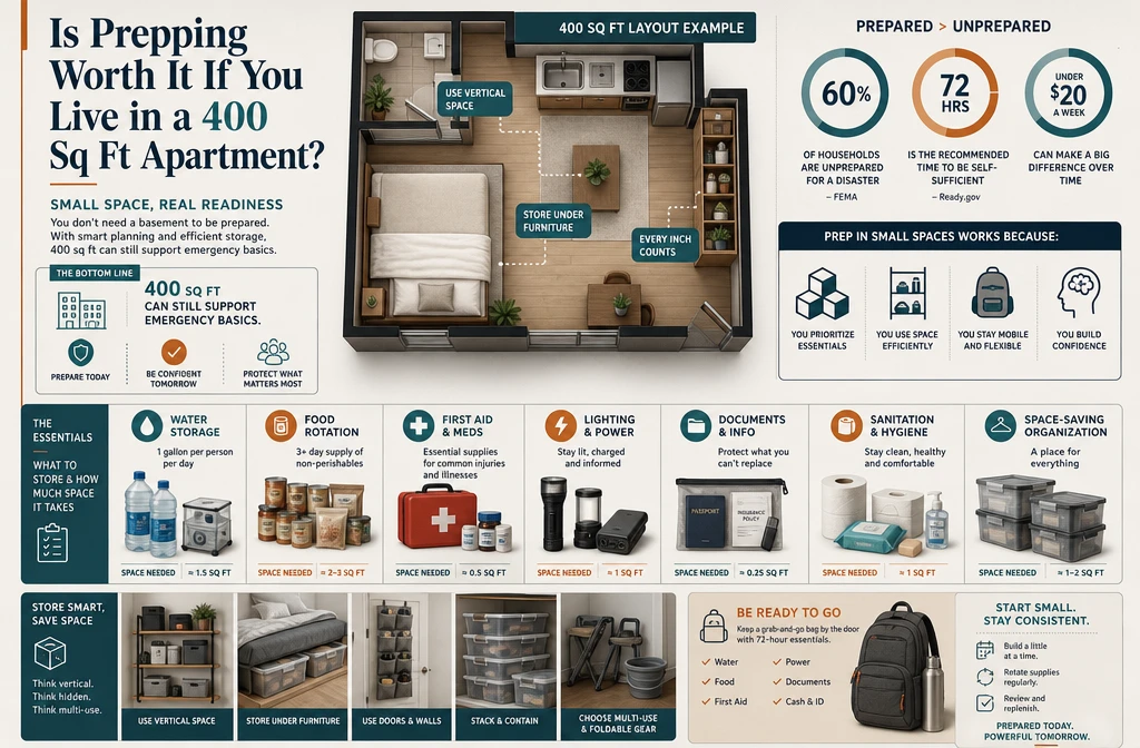Professional infographic for article "Survival Prepping in Small Spaces Guide: How to Build Real Readiness in Any Apartment