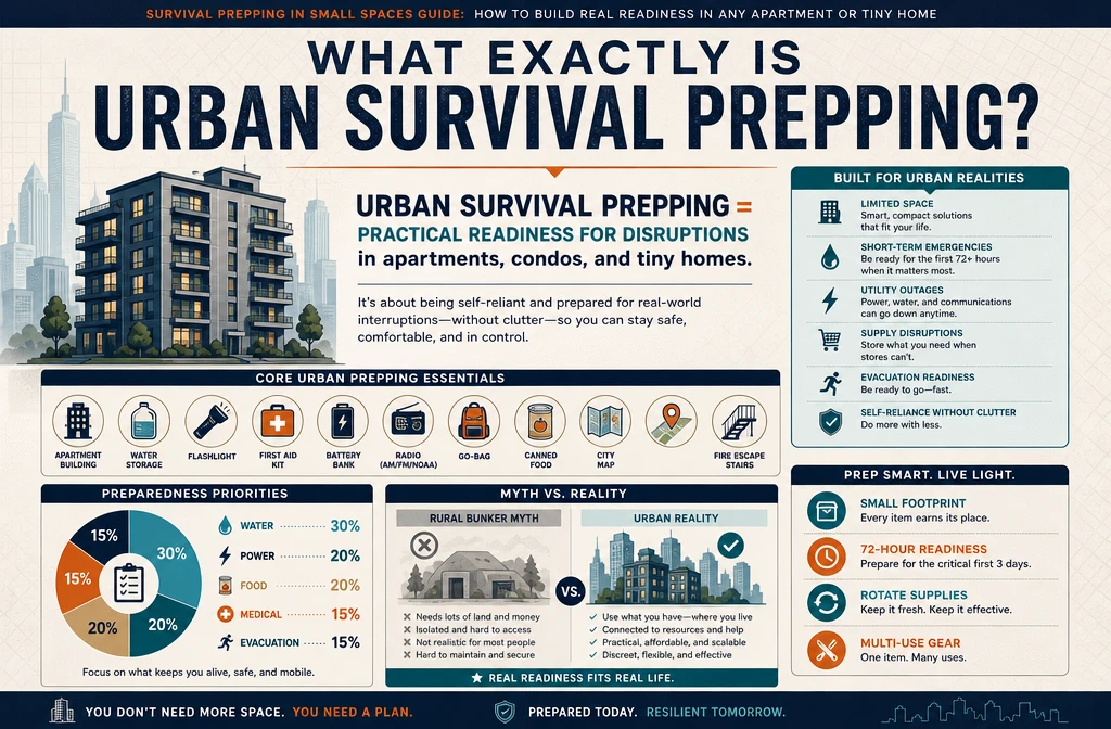 Professional infographic for article "Survival Prepping in Small Spaces Guide: How to Build Real Readiness in Any Apartment