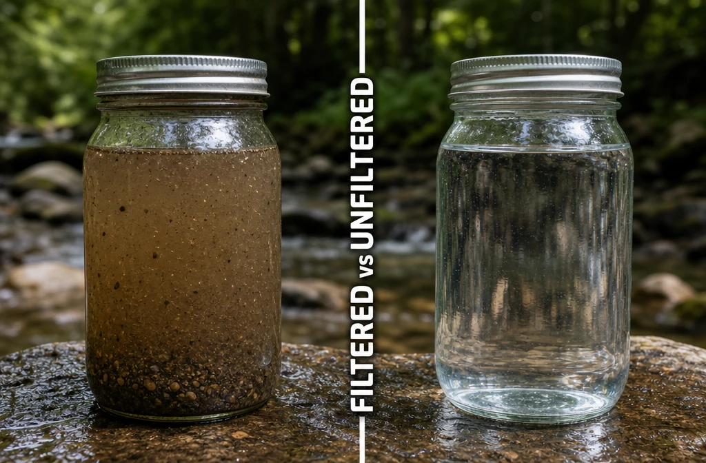 Split-composition landscape image () showing a side-by-side comparison: LEFT SIDE shows a close-up of murky, brown, visibly